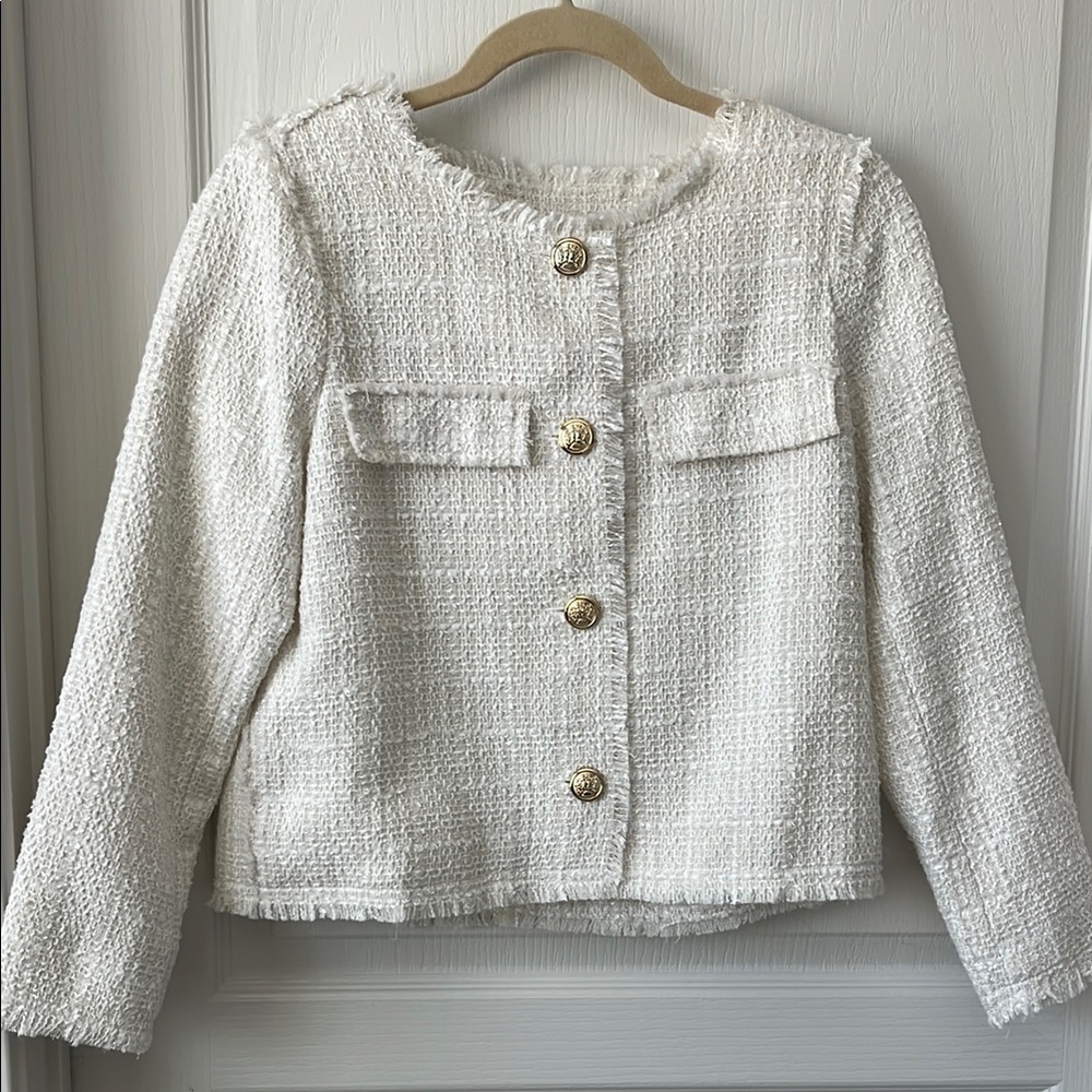 Esqualo Women’s White Tweed Blazer with Gold Accents